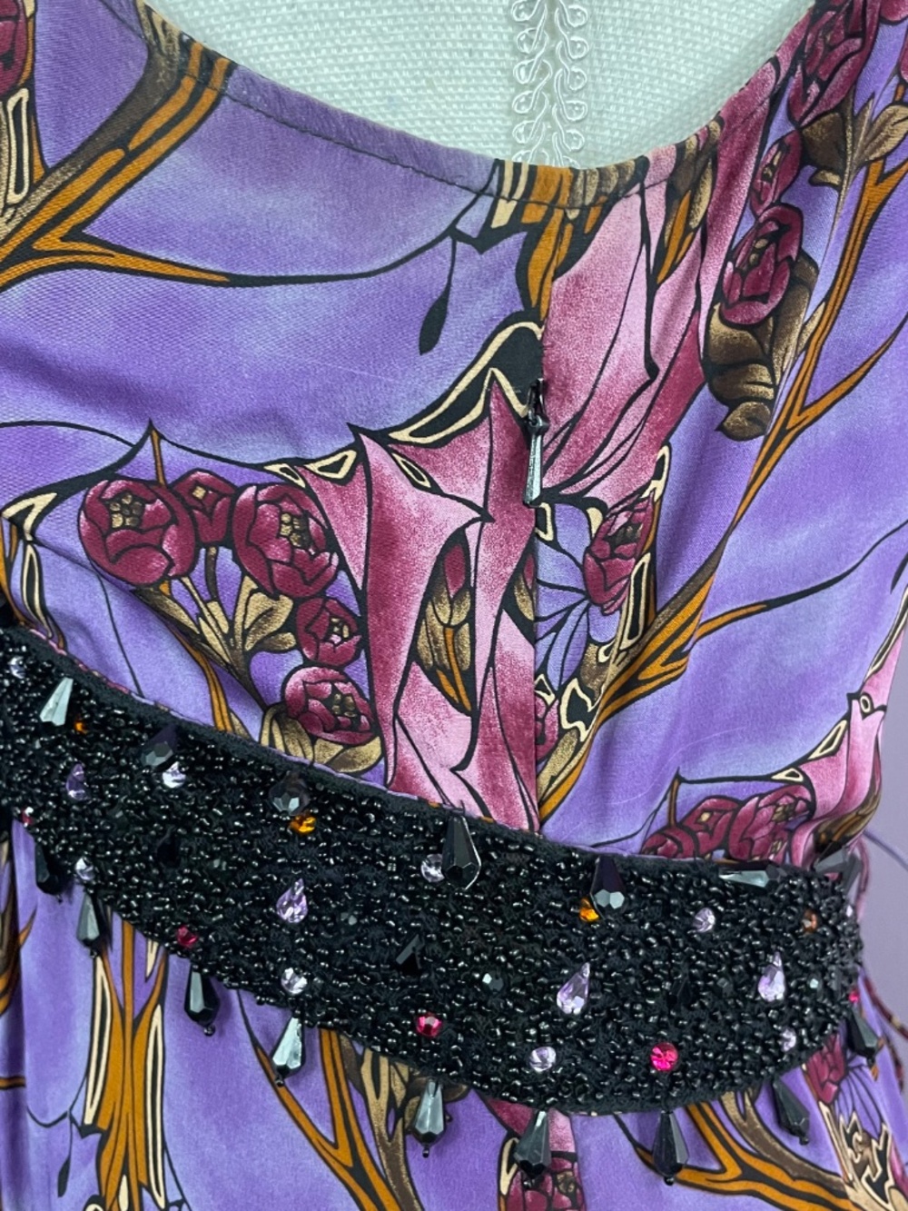 Tracy Reese 100% Silk Dress 6 Y2K Rhinestone Jeweled Floral Empire Waist Purple - Picture 13 of 14